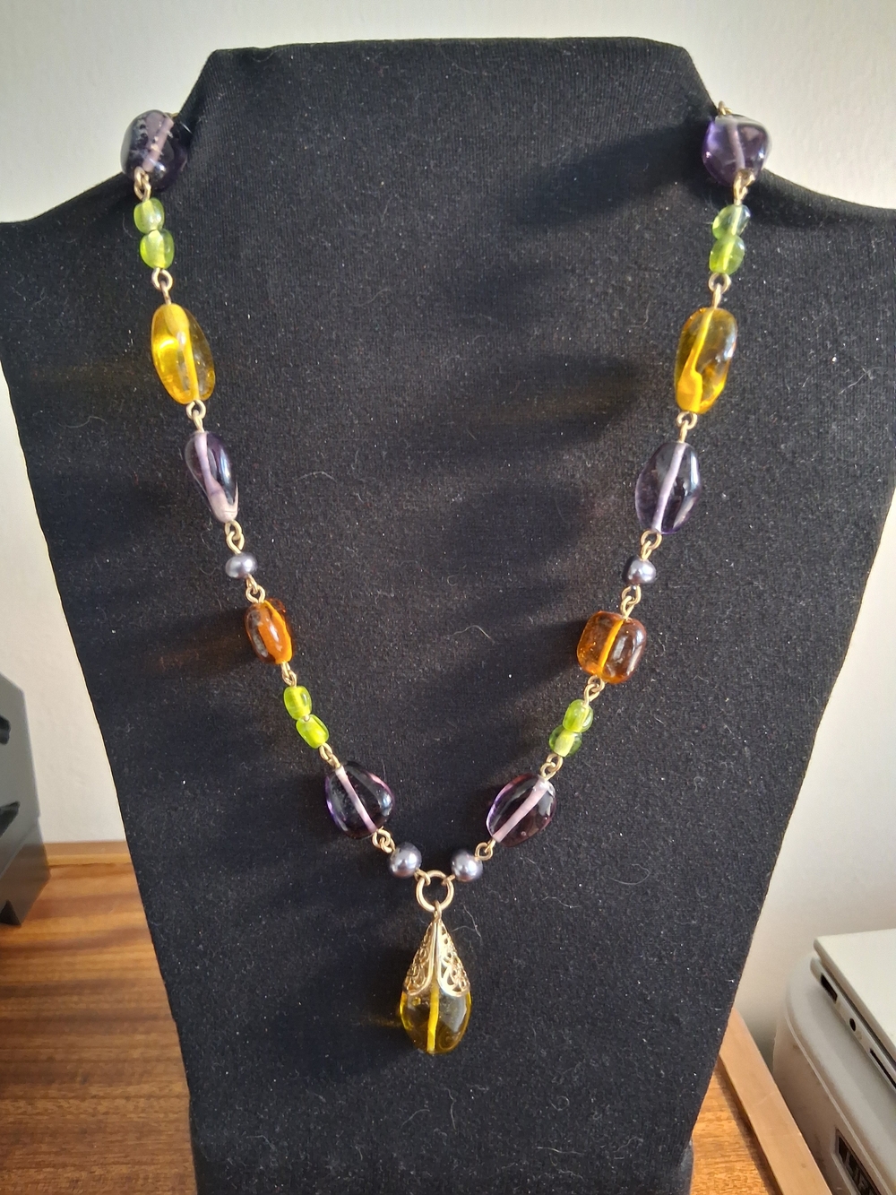 Multicolor Glass Bead Pendant Necklace - Elegant Yellow, Purple & Green